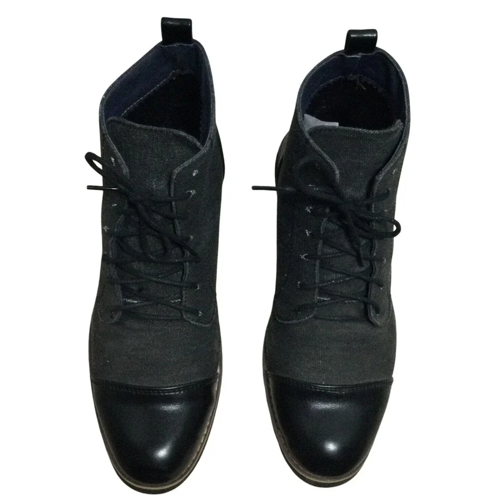 Mens Black Canvas Leather Cap Toe‎ Lace Up Ankle Boots Size 43